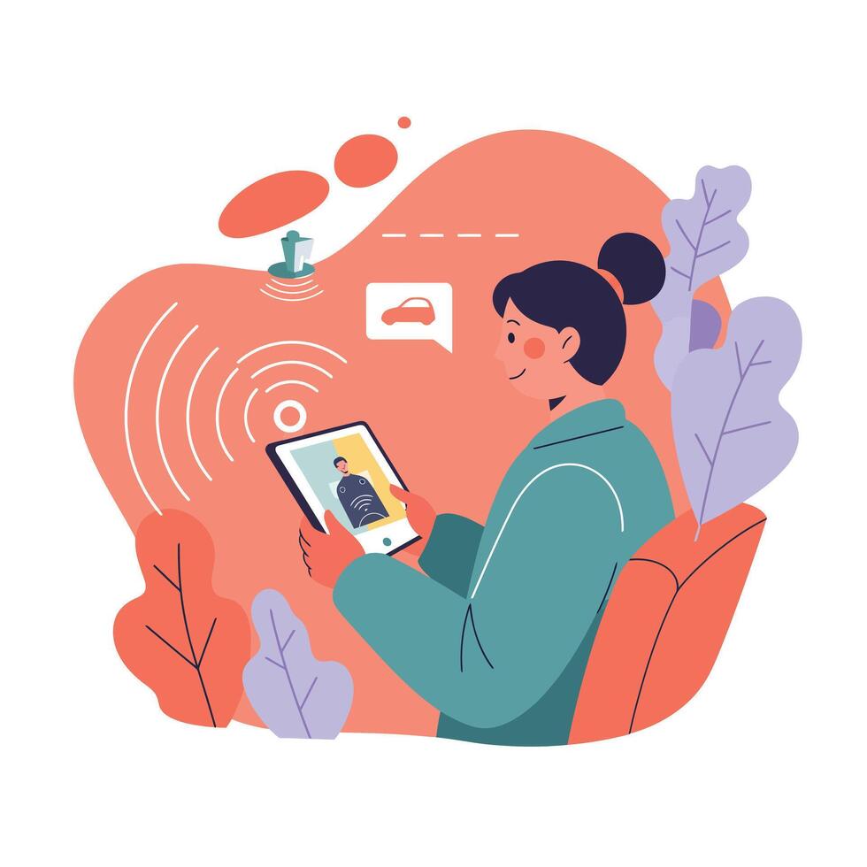 Woman using tablet for remote car control with orange and purple background illustration vector