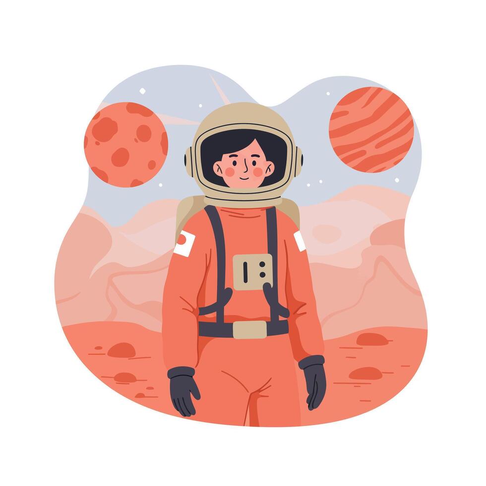 Astronaut exploring red rocky planet surface with two planets in background illustration vector