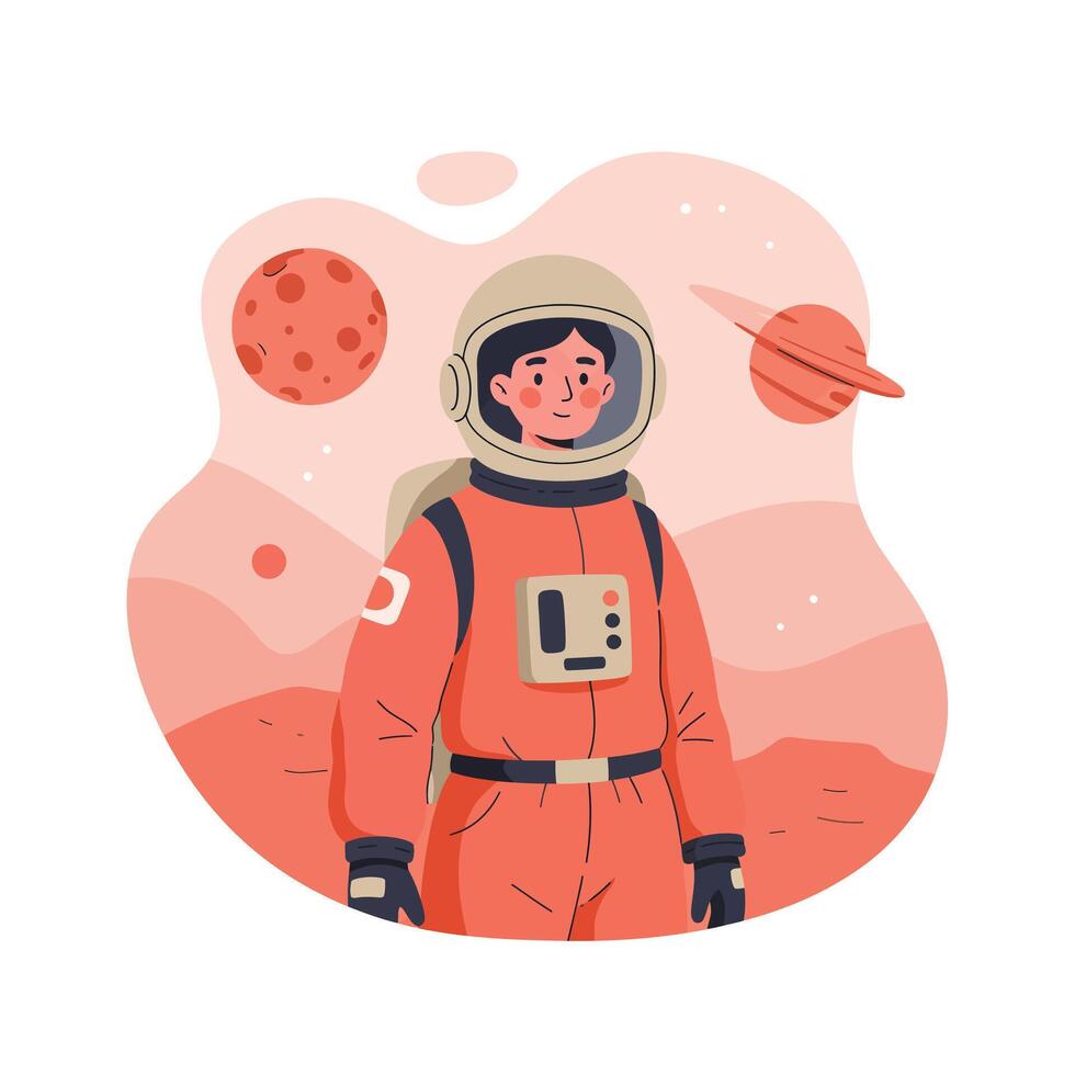 Female astronaut in orange space suit exploring red planet with distant planets and stars illustration vector