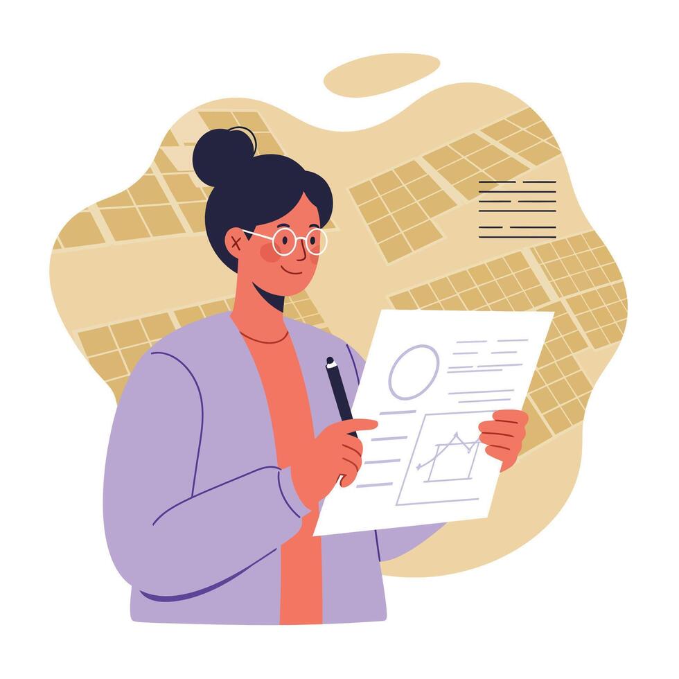 Woman analyzing financial report with glasses and pen in modern illustration design vector