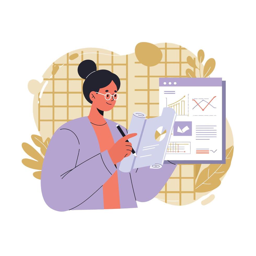 Businesswoman analyzing financial reports and charts with glasses in modern office environment illustration vector