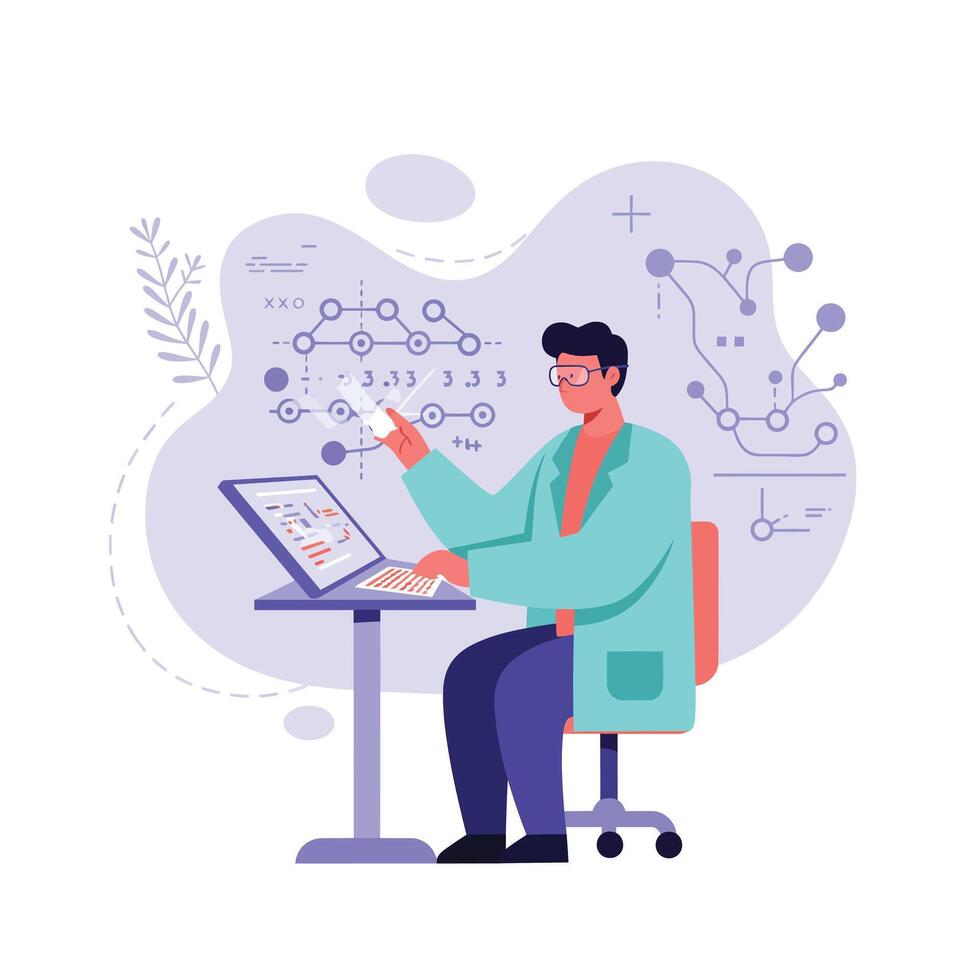 Scientist analyzing data on digital screen with molecular structures and chemical formulas in modern laboratory environment vector