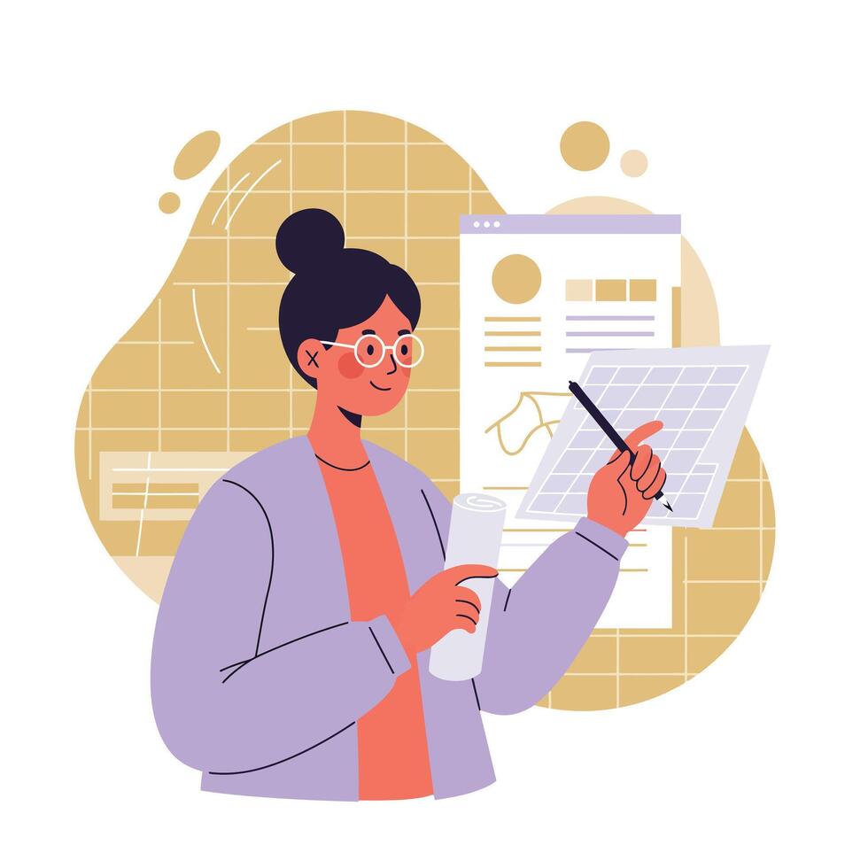 Woman architect working on architectural plans with glasses and rolled blueprint in modern flat style illustration vector