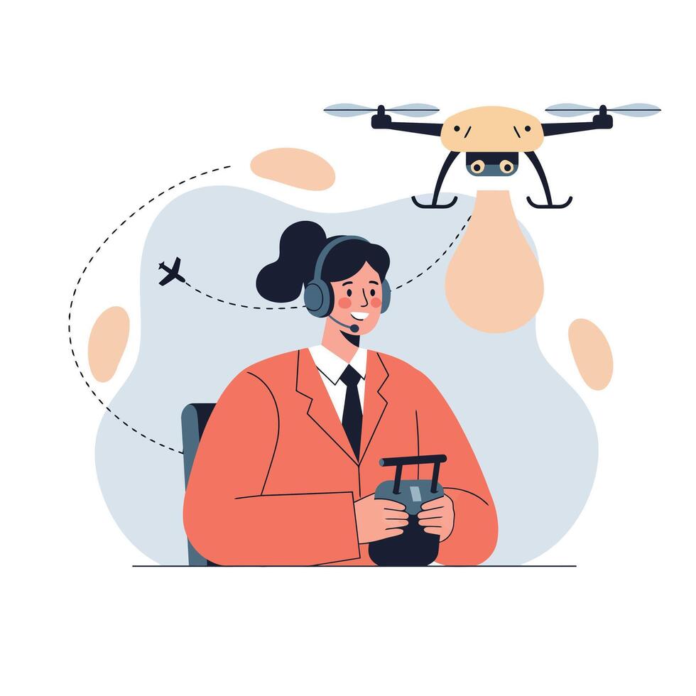 Woman Operating Drone with Remote Control and Headset in Modern Technology Illustration vector