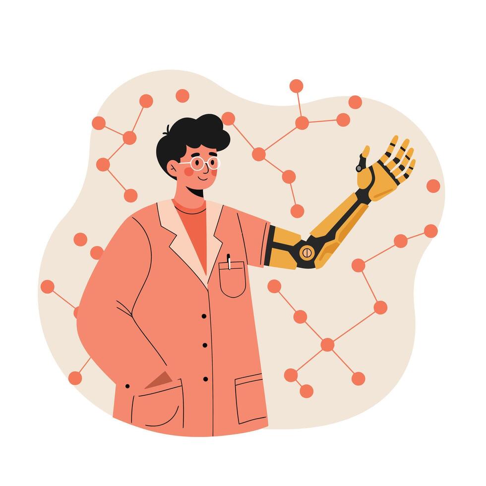 Person with robotic arm exploring technology and innovation in futuristic digital network environment illustration vector