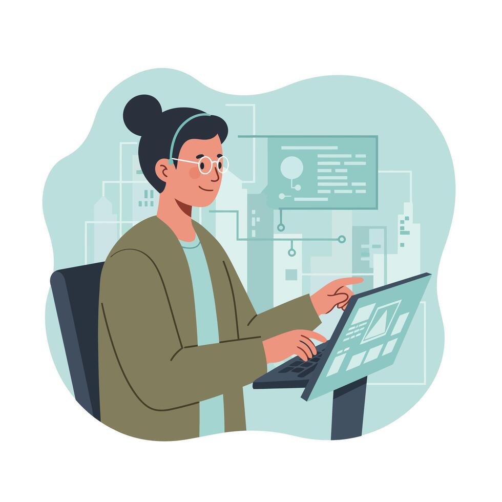 Woman using futuristic touchscreen digital interface for technology interaction in office workspace environment vector