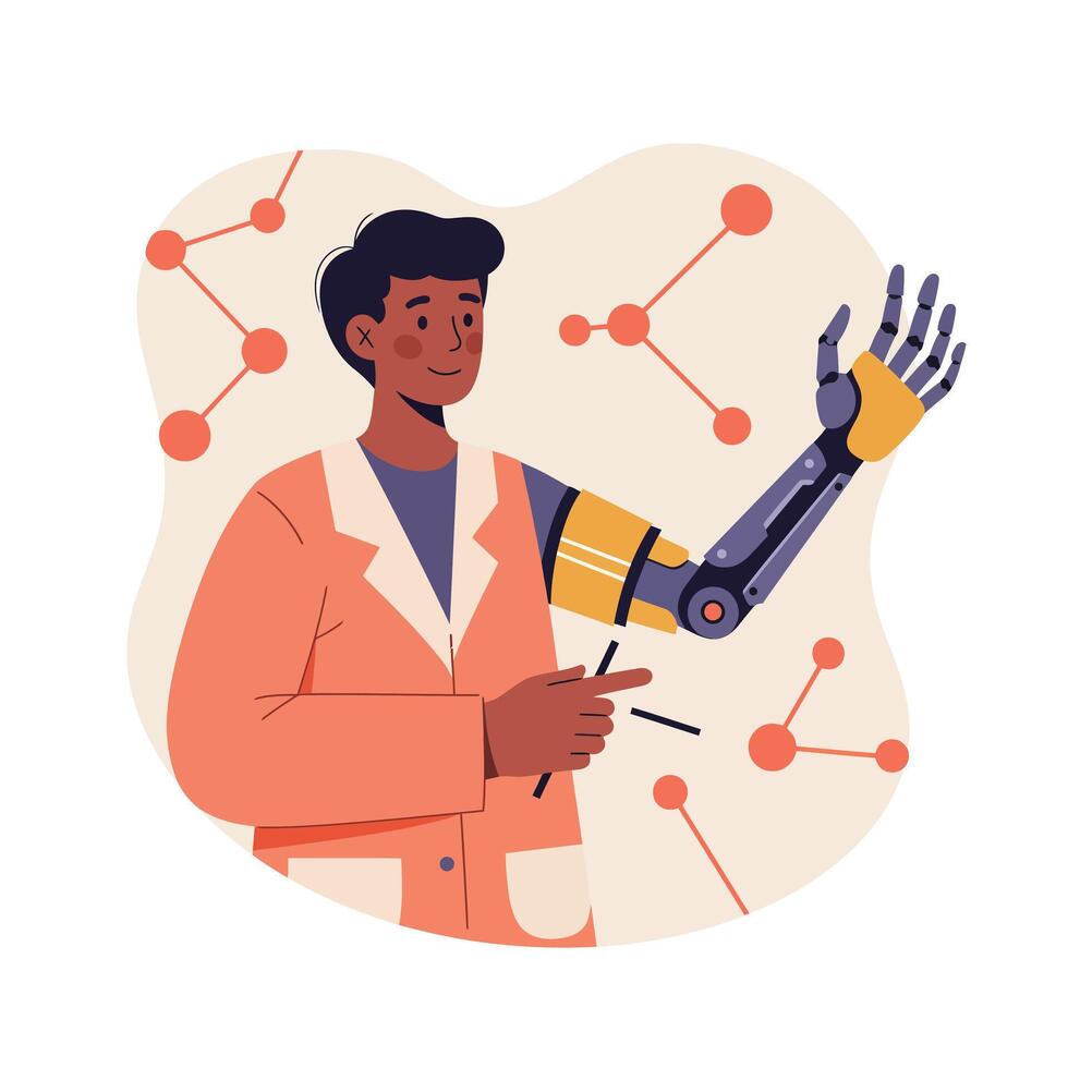 Scientist with prosthetic robotic arm pointing at bionic hand in technology laboratory illustration vector