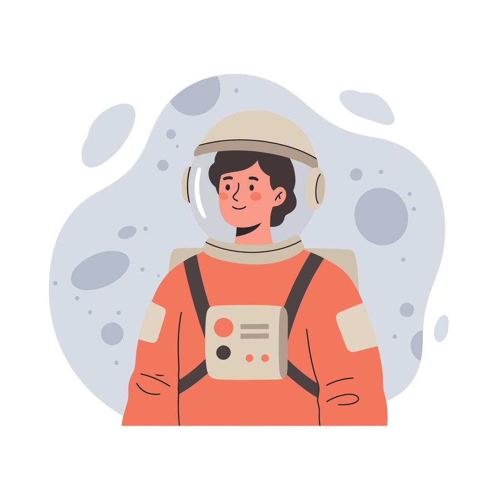 Male astronaut wearing orange space suit in outer space with moon craters background illustration vector