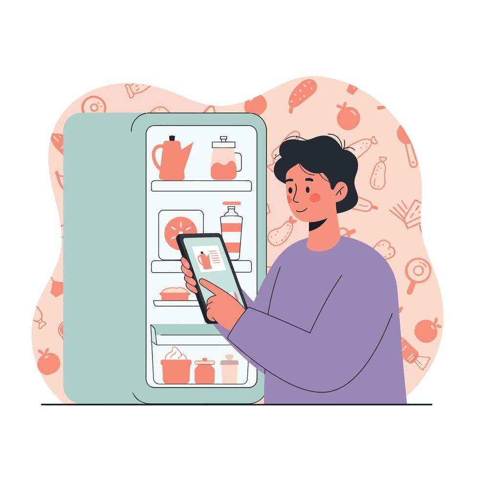 Person using smartphone checking food inventory in open refrigerator with healthy products illustration vector