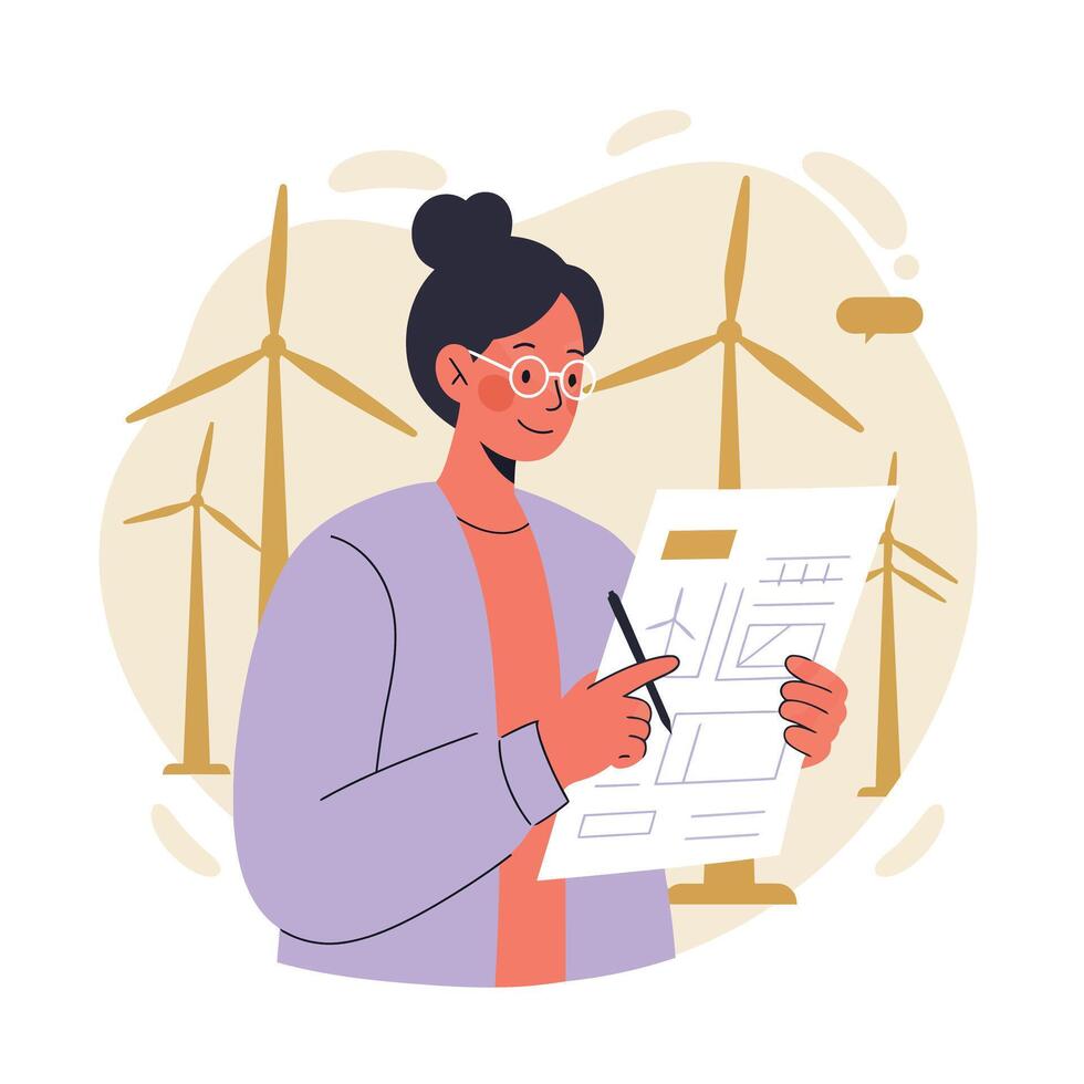Woman reviewing renewable energy plans with wind turbines background illustration design vector