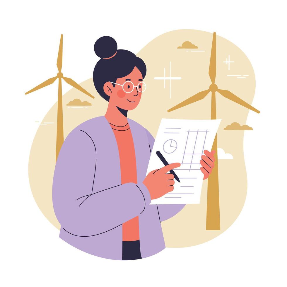 Woman Scientist Analyzing Renewable Energy Data with Wind Turbines in Background Sustainable Environment Concept Illustration vector