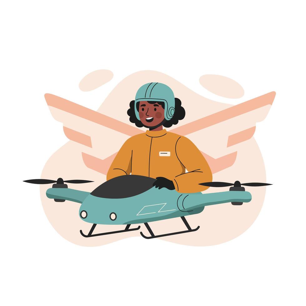 Female drone pilot operating blue drone with wings symbol background in modern illustration vector