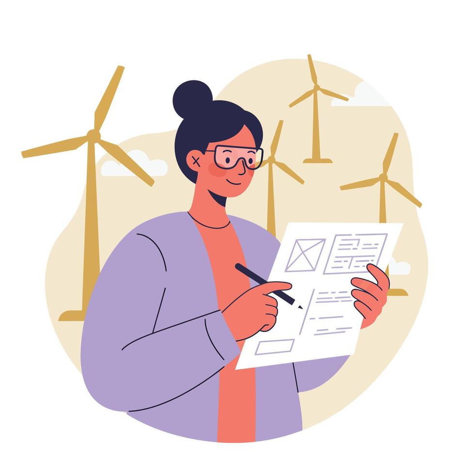 Woman engineer working on wind turbine project with renewable energy concept illustration vector