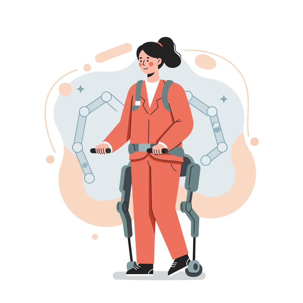 Woman using robotic exoskeleton suit for mobility assistance and rehabilitation in futuristic technology environment vector