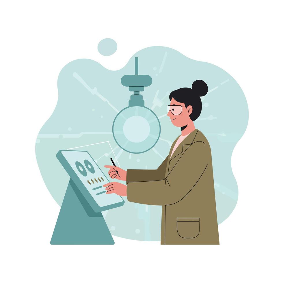 Woman scientist analyzing data on digital tablet in laboratory environment with modern lighting illustration vector