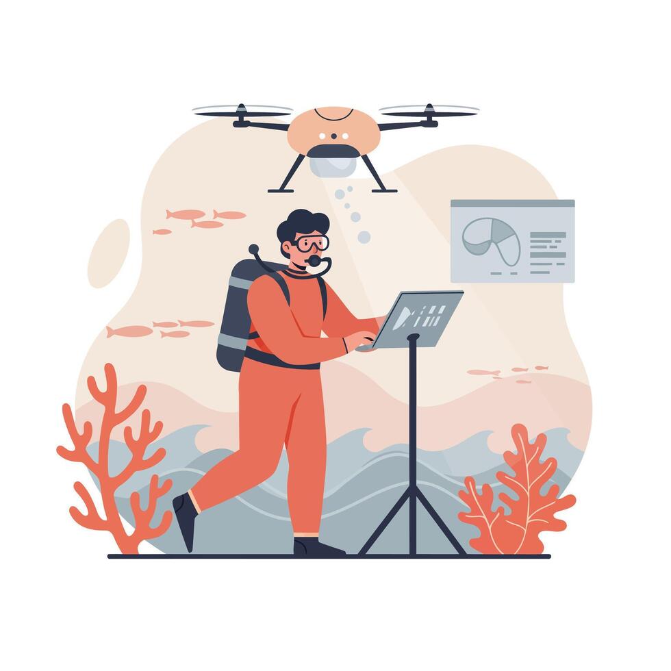 Underwater researcher using drone technology for marine exploration in orange suit with digital display illustration vector