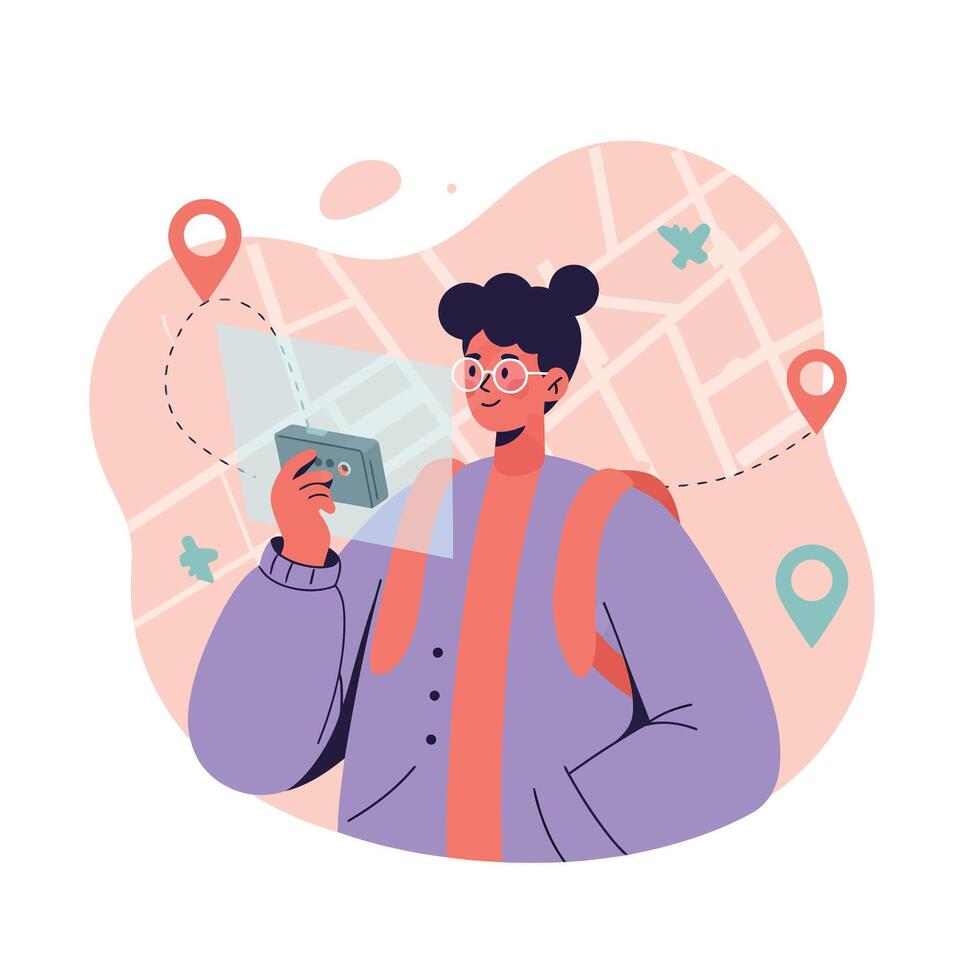 Young woman using smartphone for navigation with location pins on map background illustration vector