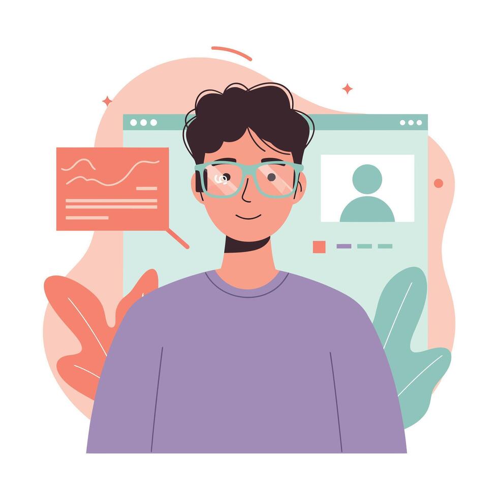 Young man with glasses working on computer with digital interface and chat bubble illustration in soft pastel tones vector