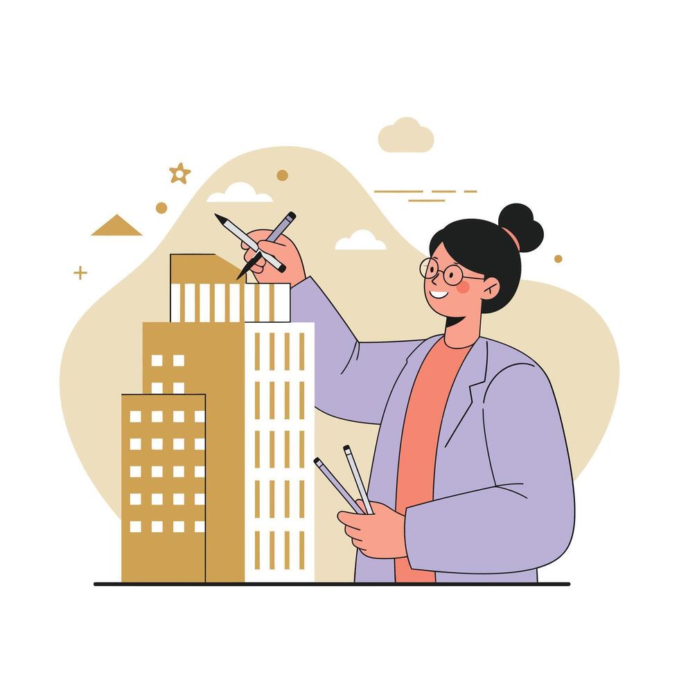 Female architect designing modern building with pencils in urban environment illustration vector