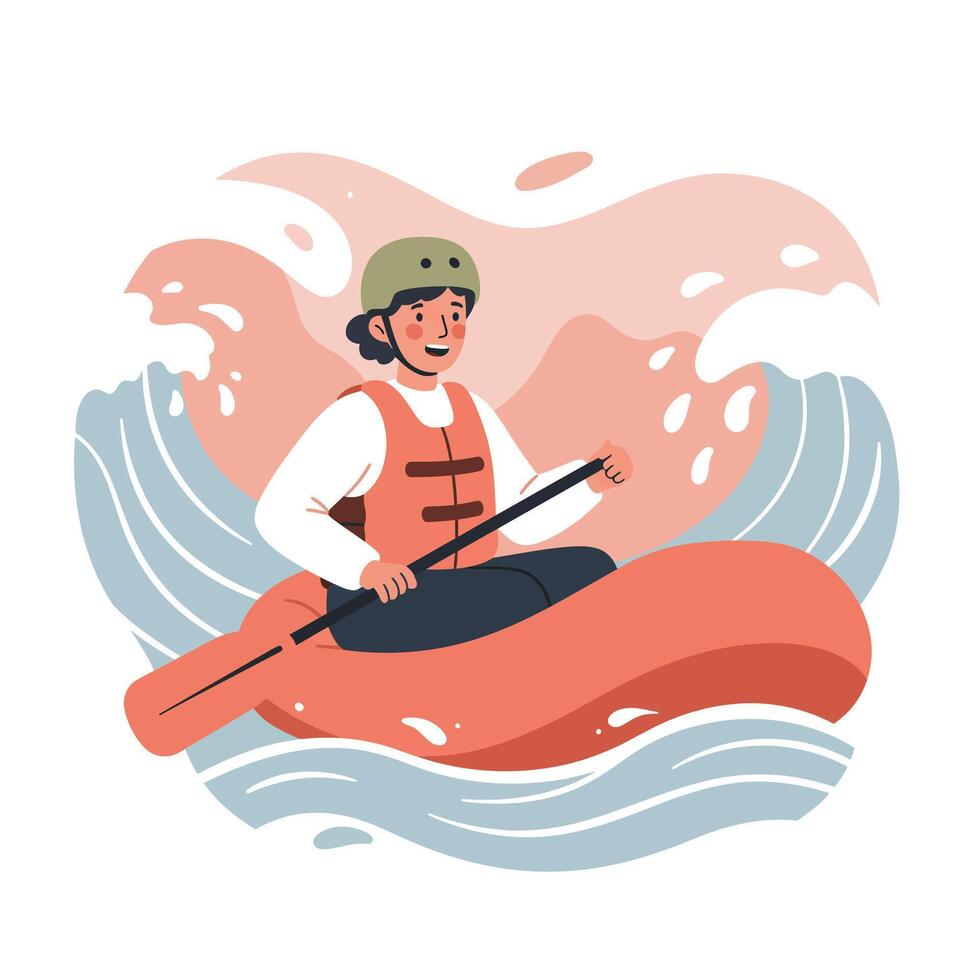Kayaking person in orange kayak with paddle on blue water waves illustration vector