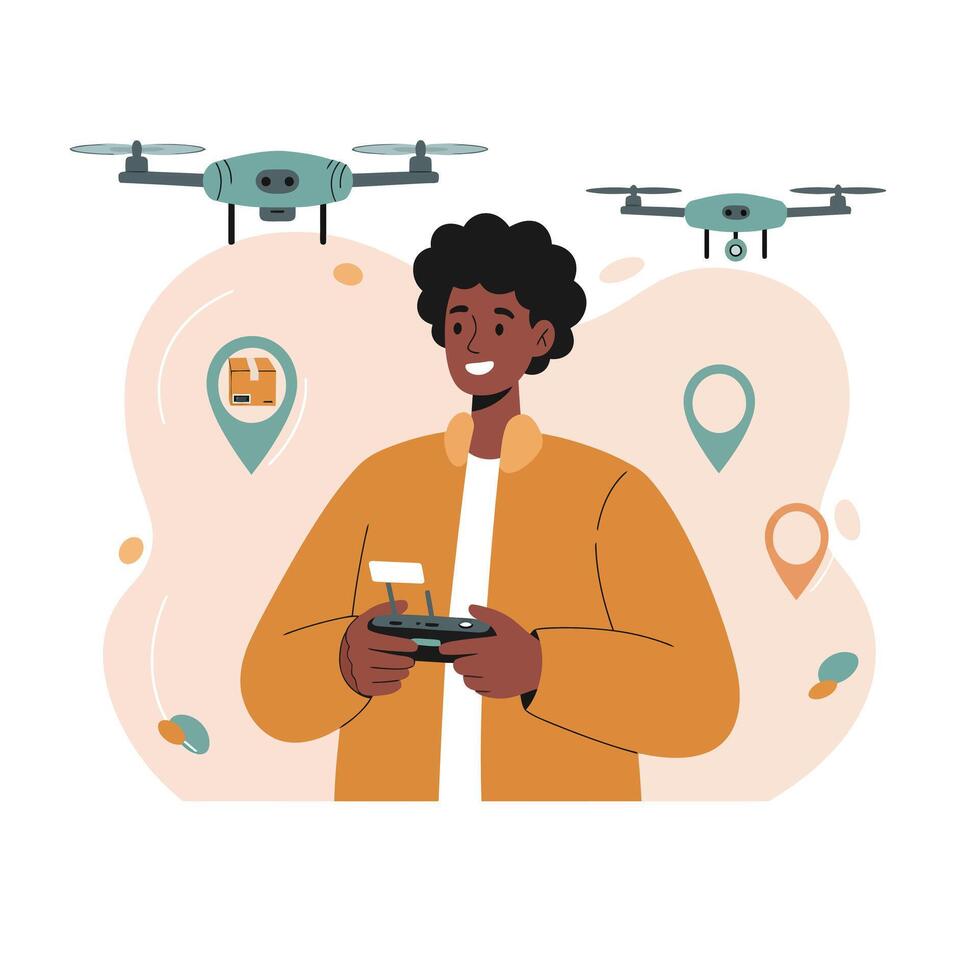Man controlling drones with remote controller for aerial location tracking and navigation illustration vector