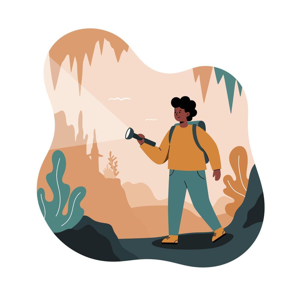 Person exploring cave with flashlight in nature landscape illustration with green and brown colours vector