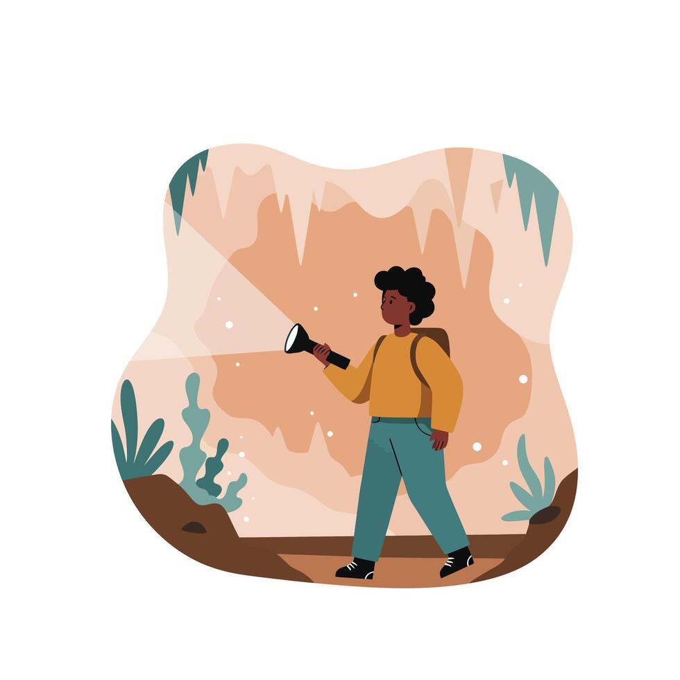 Explorer with flashlight exploring dark cave with rocky walls and plants illustration in modern style vector