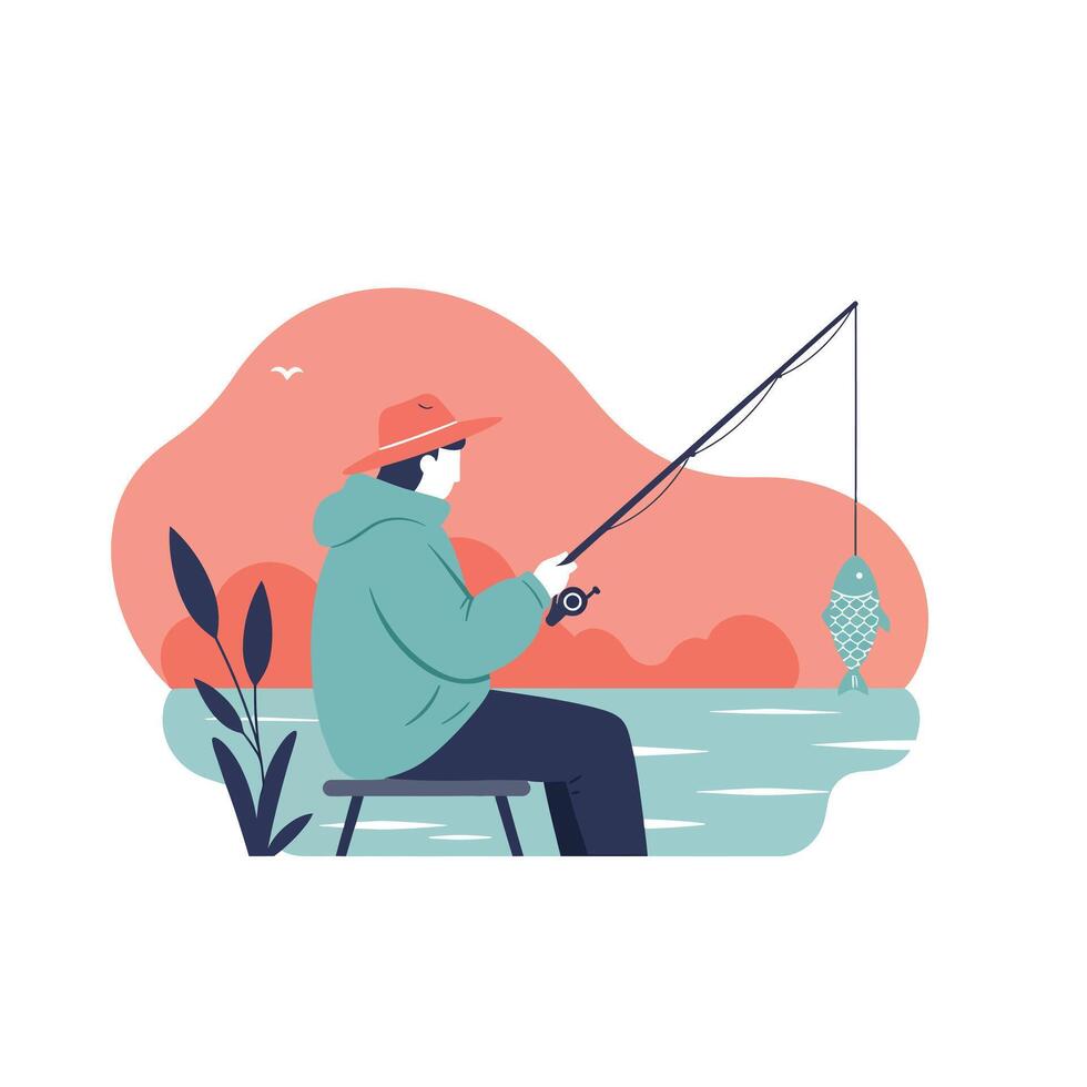 Man fishing at lake with hat and jacket catching fish in calm water during sunset scene illustration vector
