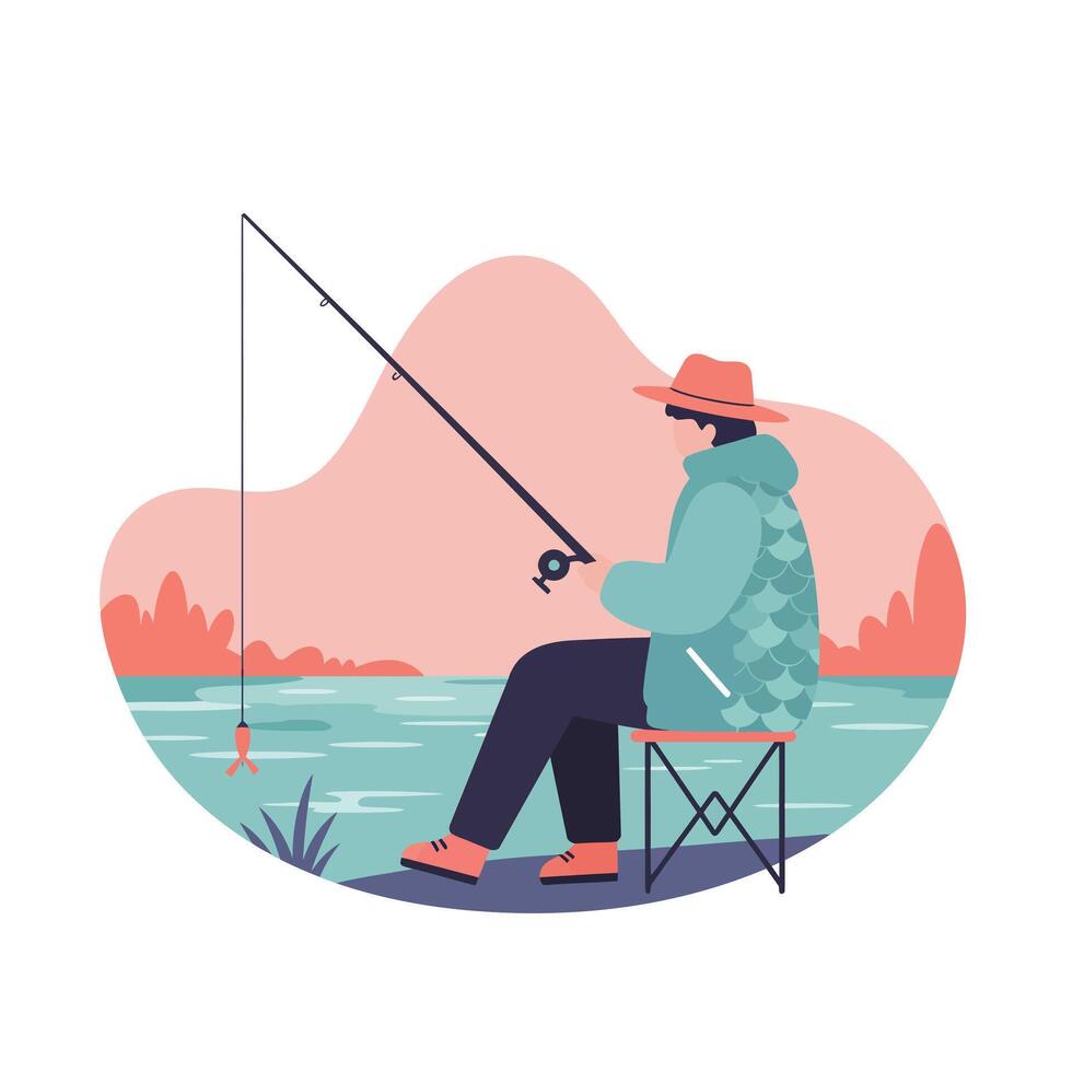 Man fishing by lake wearing hat and vest sitting on folding chair outdoor activity illustration vector