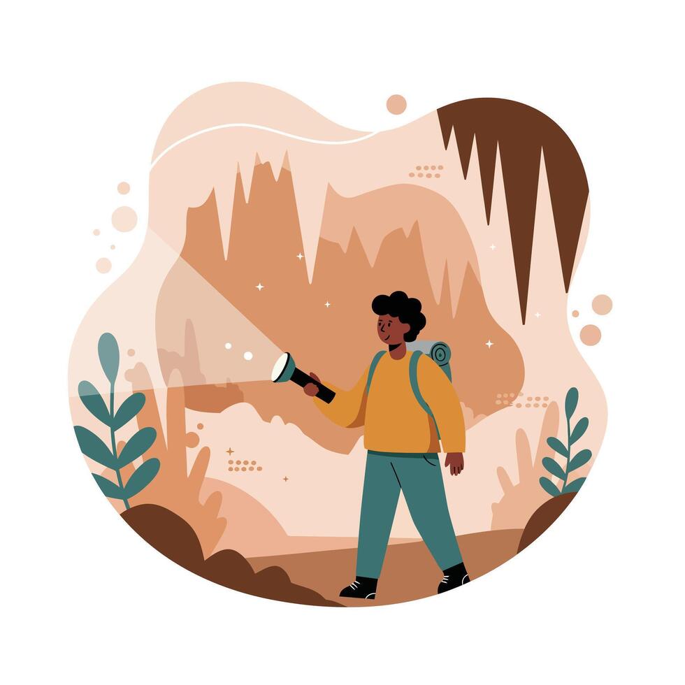Explorer discovering cave interior with flashlight and backpack in natural adventure setting illustration vector