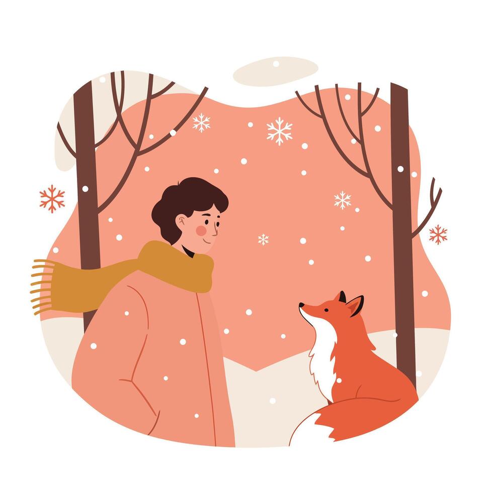 Person Wearing Scarf Interacting with Fox in Snowy Winter Landscape with Bare Trees and Falling Snowflakes Illustration vector