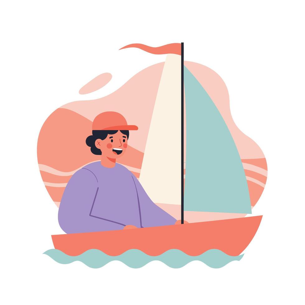 Young person sailing small sailboat with blue sail and red hull in calm water illustration vector