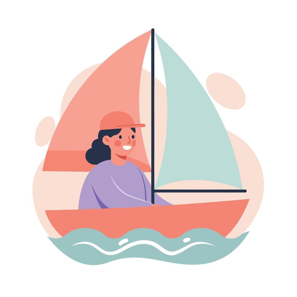 Woman sailing small boat with red and green sails on calm water illustration smiling happy outdoors activity vector