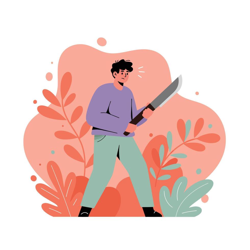 Young man holding large knife in green pants and purple sweater with abstract orange and green leaves background illustration vector