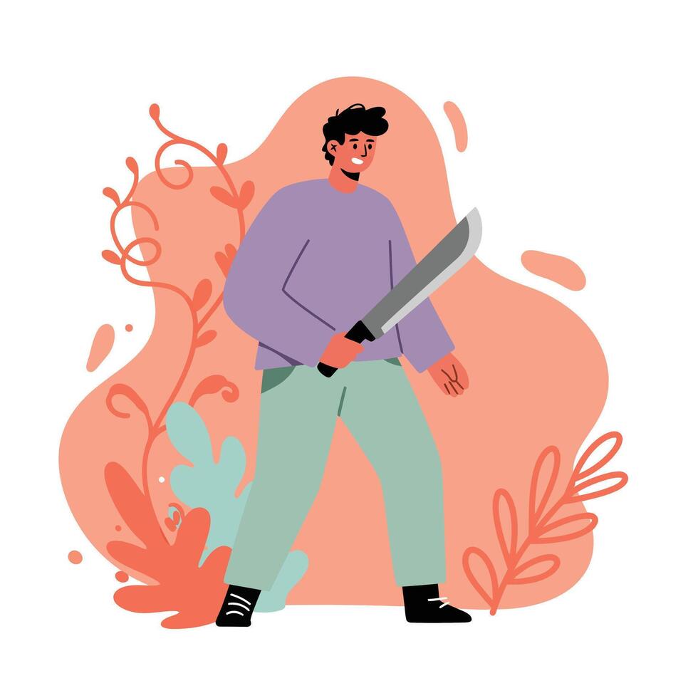 Young man holding machete with plants and foliage background in flat illustration style vector