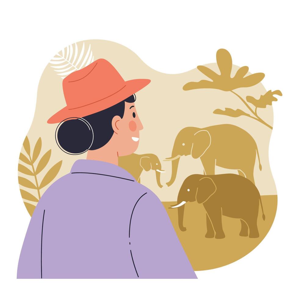 Woman with red hat observing elephants in natural landscape illustration with beige and brown tones vector