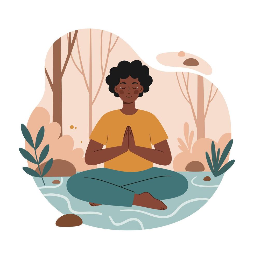 Young person meditating outdoors in autumn nature with calm expression and serene atmosphere illustration vector