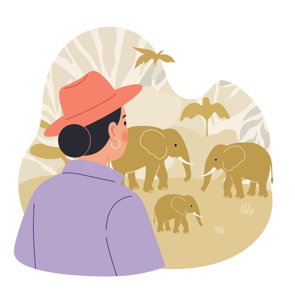 Woman observing elephants in wildlife savannah scene with palm trees and natural background illustration vector