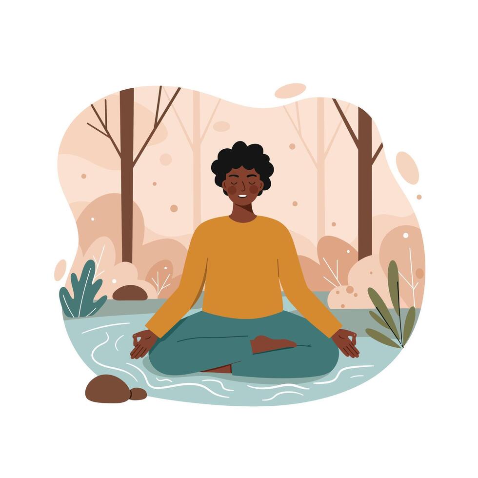 Meditation in autumn forest with person sitting cross-legged in peaceful nature scene illustration vector