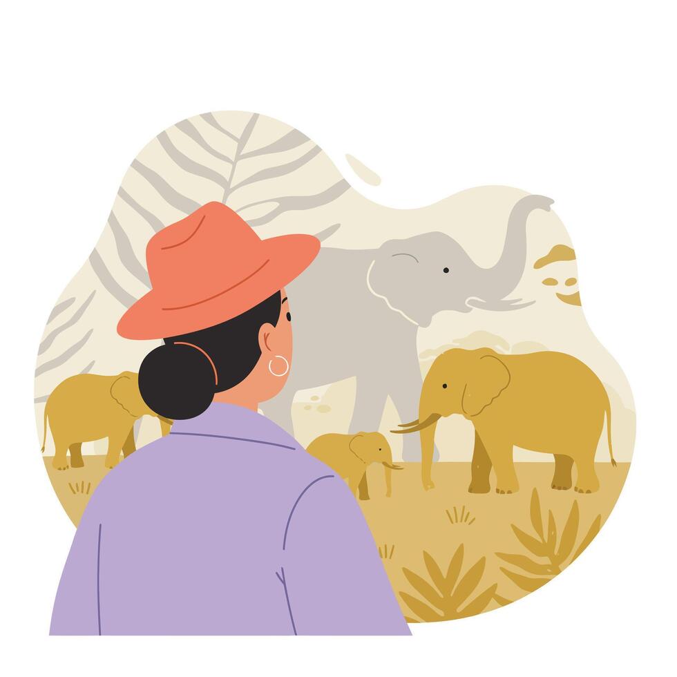 Woman observing elephants in natural habitat with muted earth tones and safari outfit illustration vector