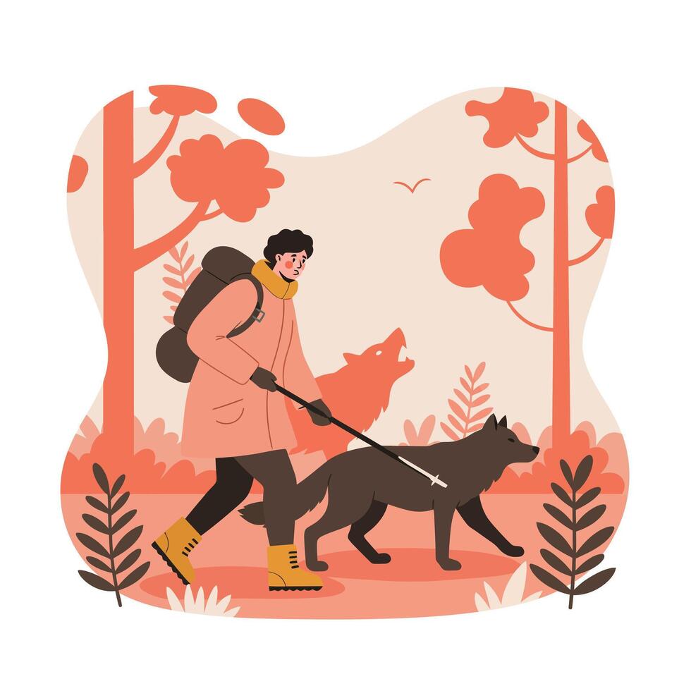 Man walking black dog in autumn forest with orange foliage and casual outfit illustration vector