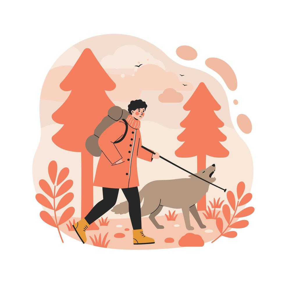 Person walking dog in autumn forest with orange trees and brown foliage illustration vector