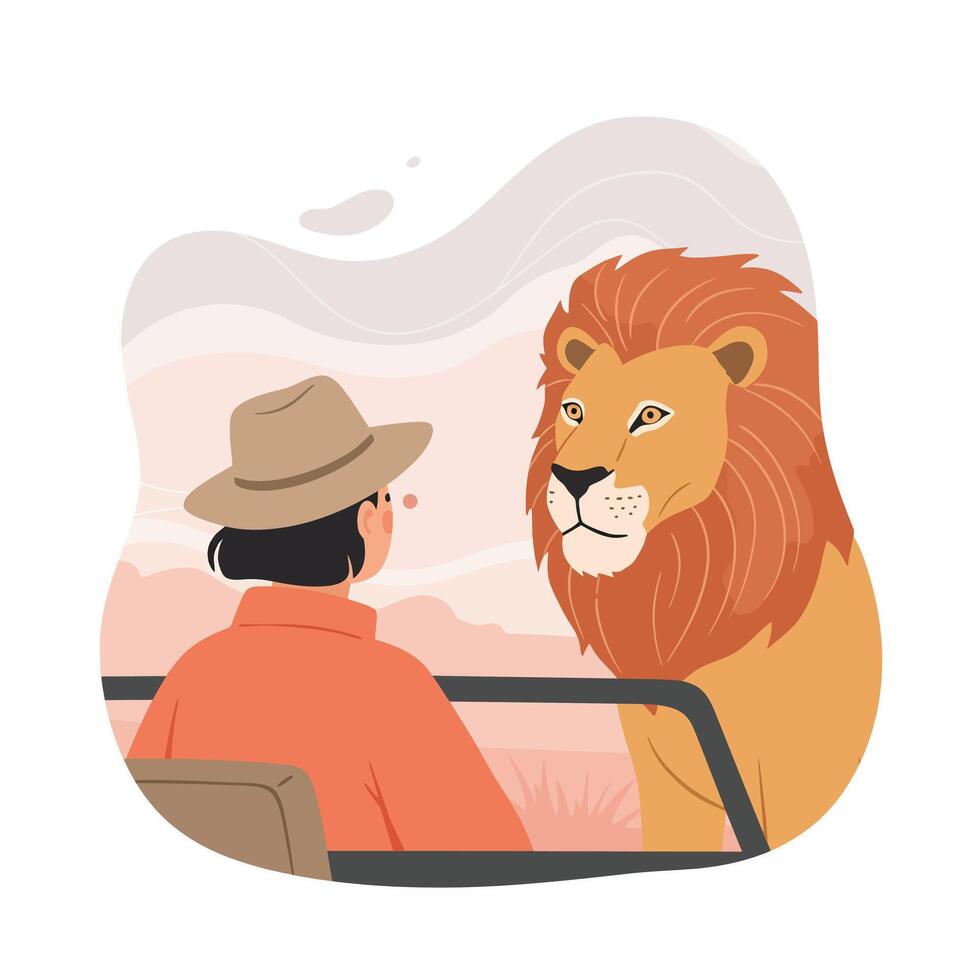 Lion and man safari adventure wildlife encounter in natural habitat illustration vector
