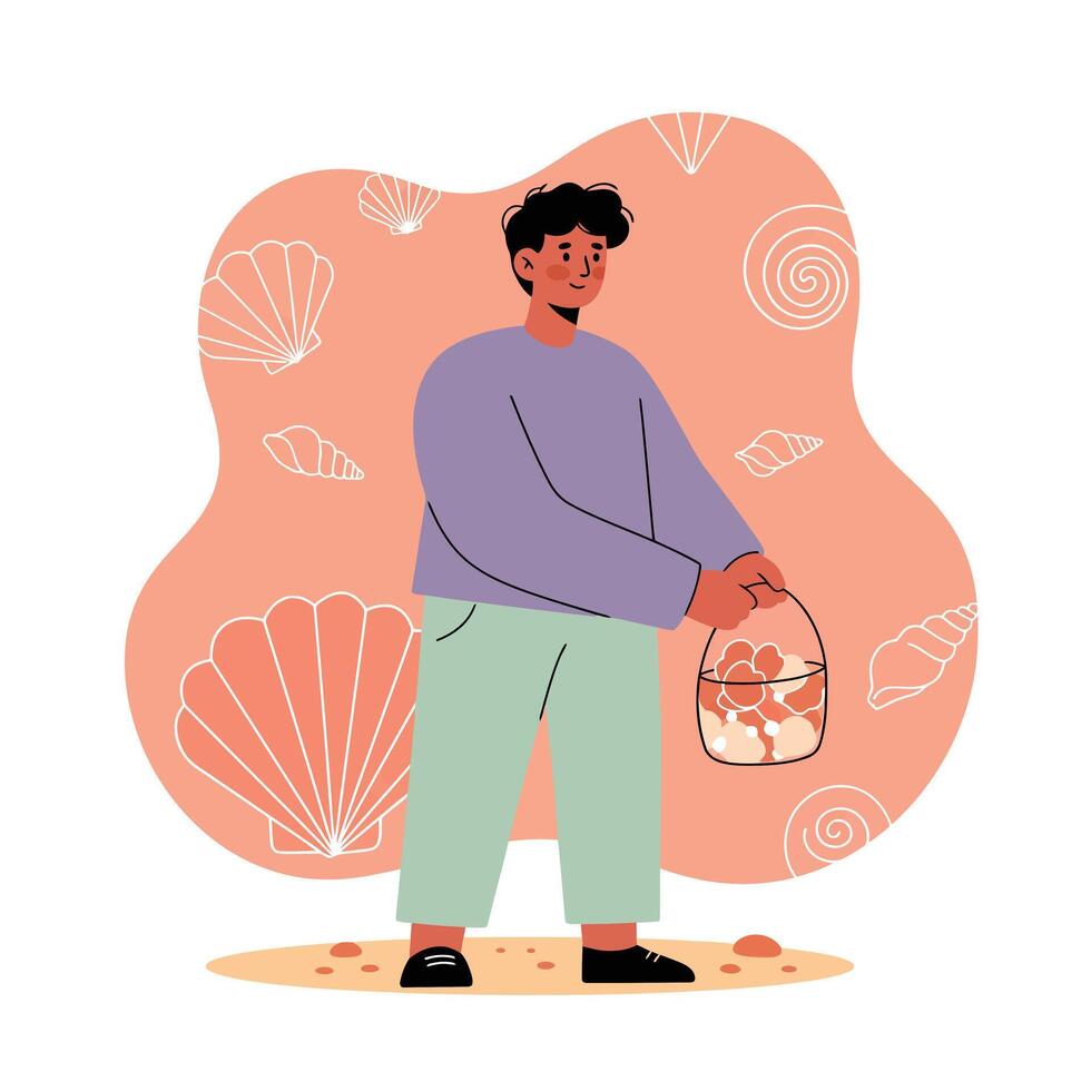 Young man collecting seashells in bucket on sandy beach with shell pattern background illustration vector