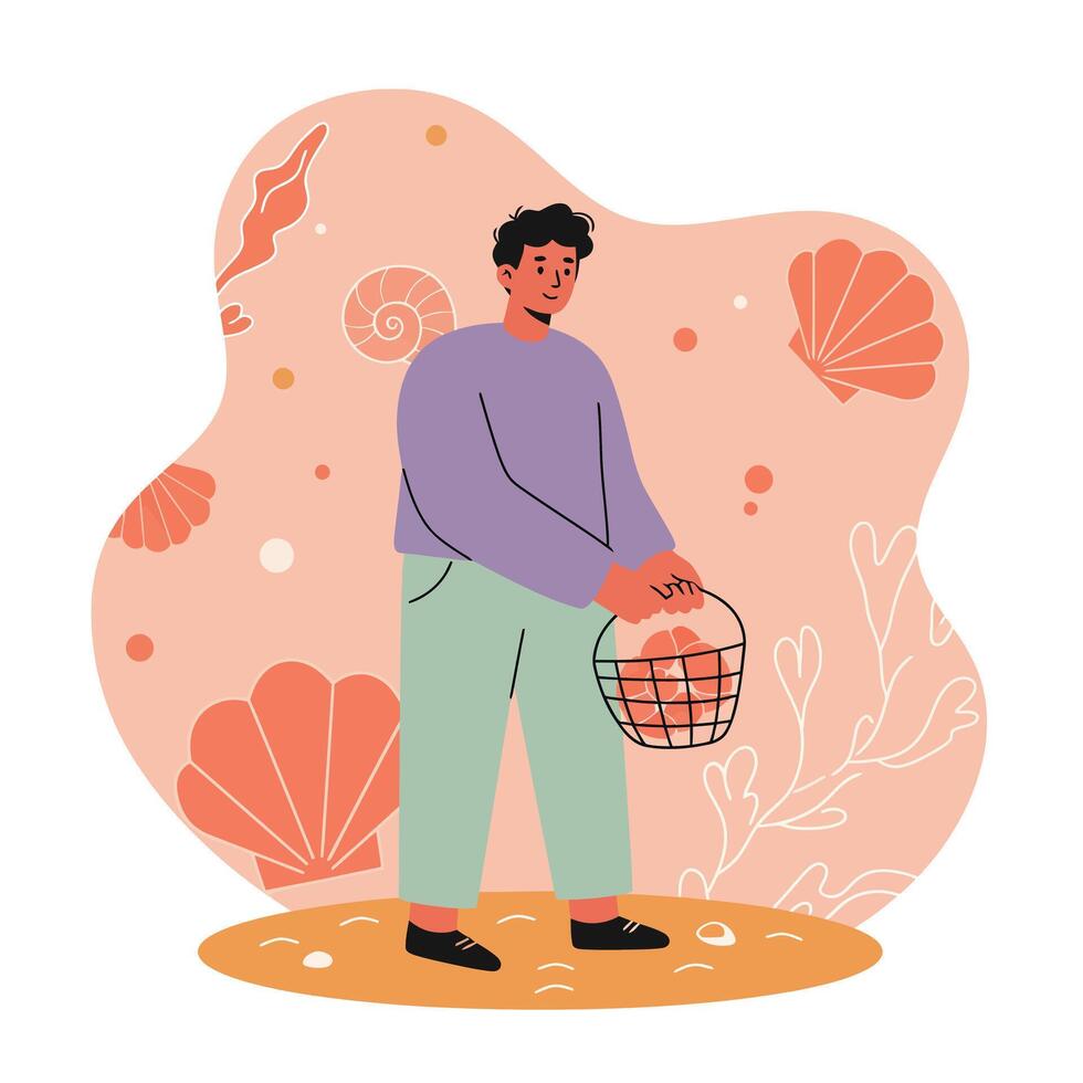 Man holding basket with seashells on pastel coral background with shells and seaweed illustration vector
