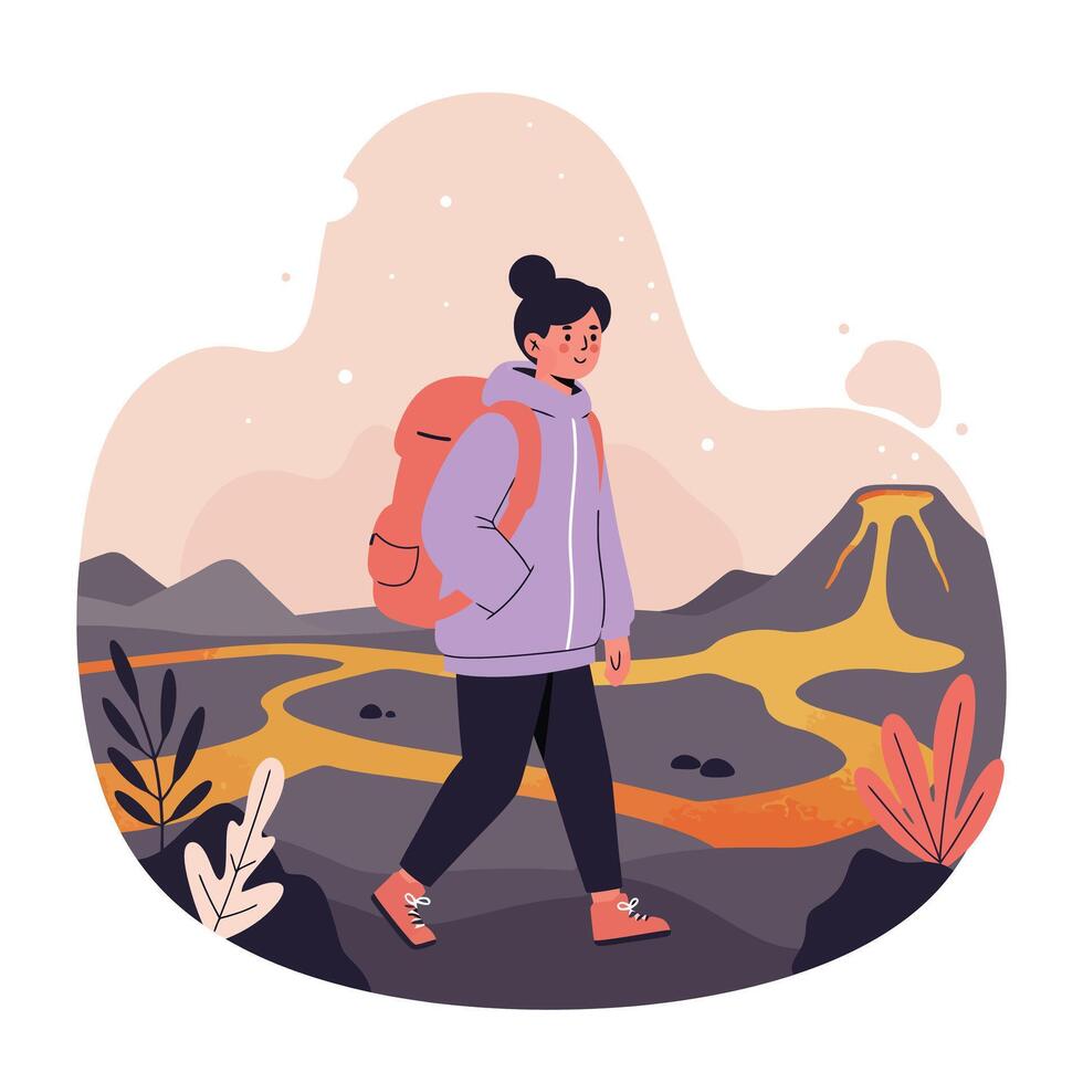 Hiker walking in volcanic landscape with lava flows and autumn plants illustration vector