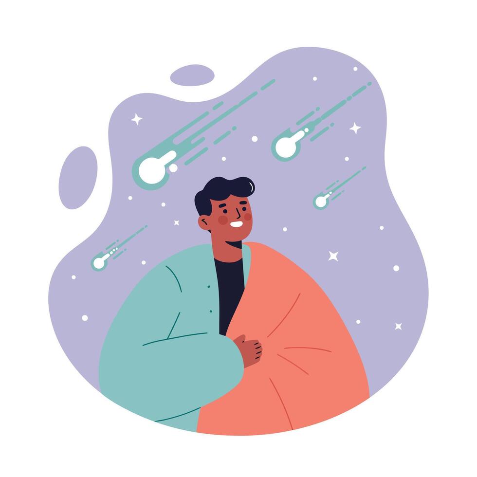 Man watching meteor shower in night sky with stars and comets illustration vector
