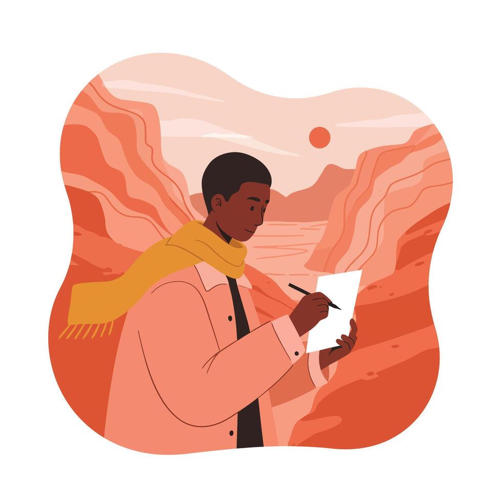 Man writing notes in scenic canyon landscape with orange and peach tones illustration vector