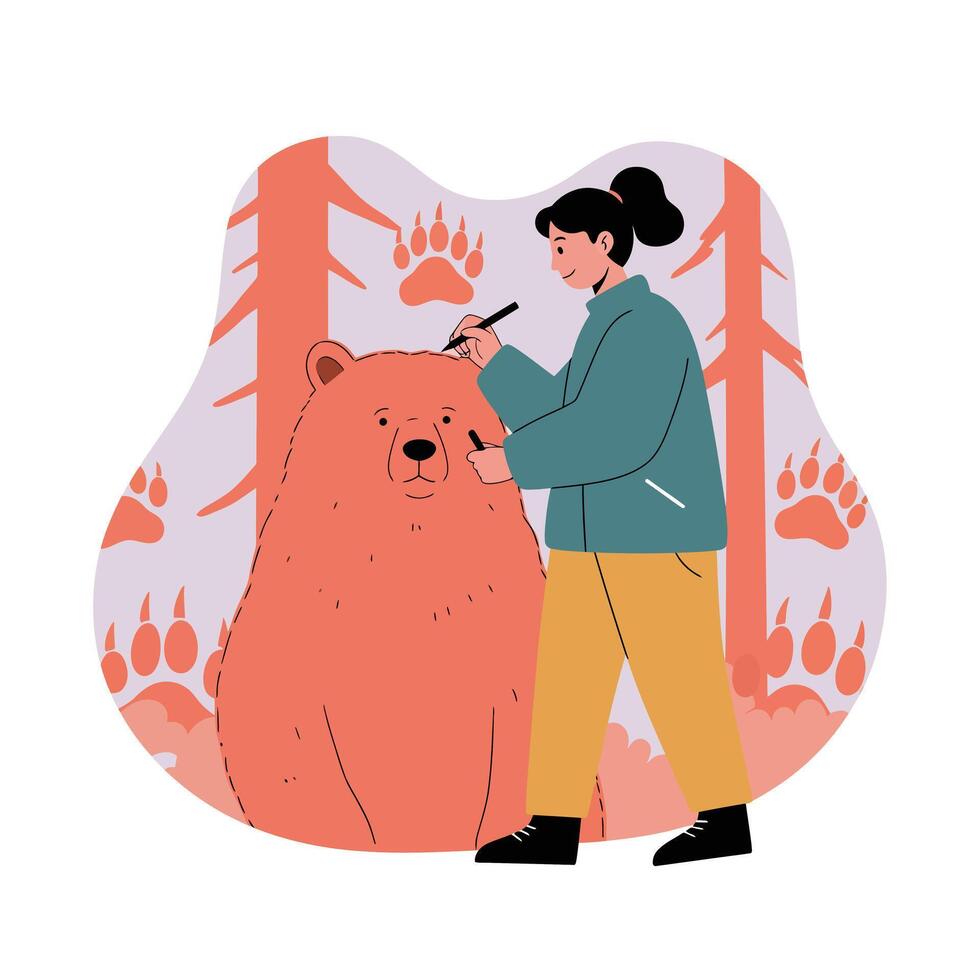 Woman painting large bear in forest background with bear paw prints and trees illustration vector