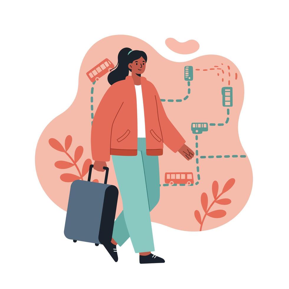 Young woman walking with luggage and travel route map illustration in warm colors vector